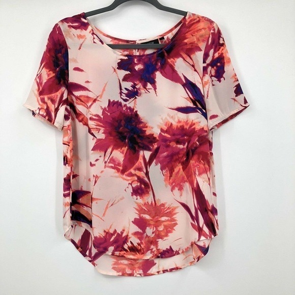 Apt 9 Top Pink Floral Print Women Size M Short Sleeve Chiffon Blouse Scallop Hem - Picture 3 of 11